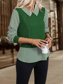 EMERY ROSE Casual Commute Striped Splice 2 In 1 Top - Green - View 3
