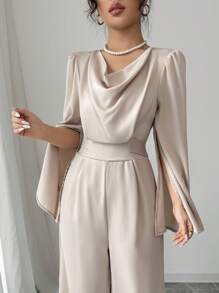 Elenzga Women's Elegant Draped Neck Cinched Waist Satin Jumpsuit