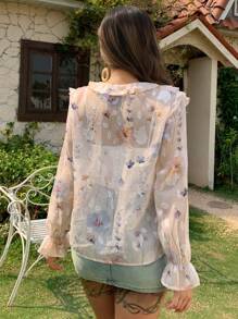 Livesso 度假海滩雪纺衬衫，荷叶边饰边，系带抽绳领口，长袖女士衬衫，秋季女装 - 杏色 - 查看 2