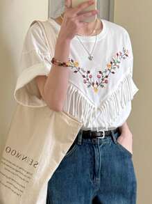 FRIFUL 女士花朵刺绣流苏圆领宽松短袖T恤，田园风，Y2K夏季上衣可爱上衣 - 白色 - 查看 4