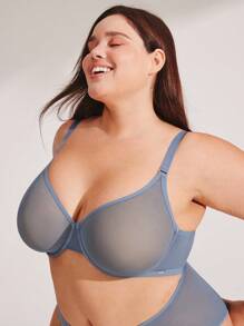 LUVLETTE Plus Fullcover Unlined Plunge Breathable Mesh Sheer Airy Basic Breezy Comfort Minimizer Bra - Dusty Blue - View 10