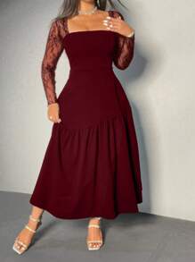 Viva Relle 大码蕾丝袖 A 字形纯色吊带裙连体裤 - 酒紅色 - 查看 3