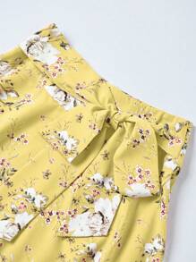 SHEIN Unity 女士优雅花卉印花系腰半身裙 - 黃色 - 查看 4