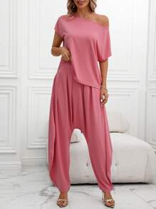 EMERY ROSE 2 pezzi Set da donna elegante e casual, top smanicato a spalla obliqua in maglia e pantaloni palazzo a vita alta con tasche