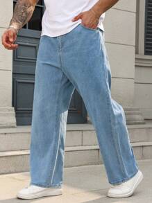 Manfinity Homme Men's Plus Size Light Wash Denim Jeans: Relaxed Fit Zipper Fly Long Length Casual Pants For Everyday Wear - Blue - View 3