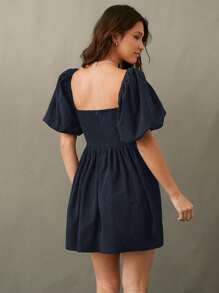 WESTFADE 牛仔灯芯绒方领短款泡泡袖娃娃裙迷你连衣裙 - 黑色 - 查看 2