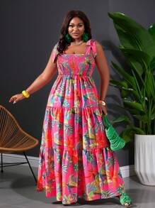 Slaydiva Casual & Holiday & Elegant Women Plus Size Loose Fuchsia Elastic Drawstring Dress - Multicolor - View 6