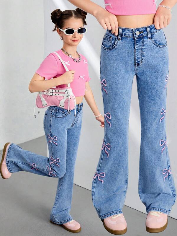 Girls' New Street Fashion Pink Bow Embroidered Elastic Waist Slim Flare Washed Light Denim Jeans, All Season