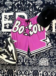 SHEIN Pantalones cortos deportivos de punto holgados con estampado versátil, cómodos y casuales para niños preadolescentes, apropiados para ir al colegio, ocio diario, vacaciones, actividades deportivas, y aptos para primavera y verano