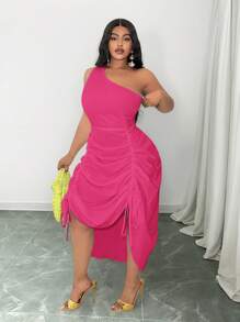 Slaydiva New Collection White Easter/Christmas/New Year Versatile Casual All-Match Sexy One Shoulder Ruffle Hem Mini Dress, Suitable For Spring/Summer - Hot Pink - View 3