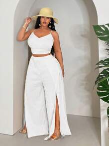 Slaydiva Plus Size Sleeveless Top And Slit Pants Set, Solid Yellow Color, Long Style, Summer Vacation