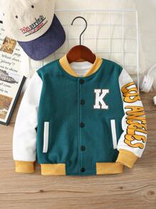 Jaqueta de beisebol com estampa de letras, solta e confortável, casual, para meninos, roupa bomber, adequada para roupas infantis, roupas para meninos, conjunto de volta às aulas, para uso diário, escola, viagens, esportes, temporada outono/inverno