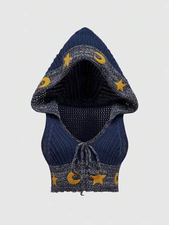 Hippie Plus Size Hippie Bohemian Sun & Moon Pattern Hooded Knit Sweater