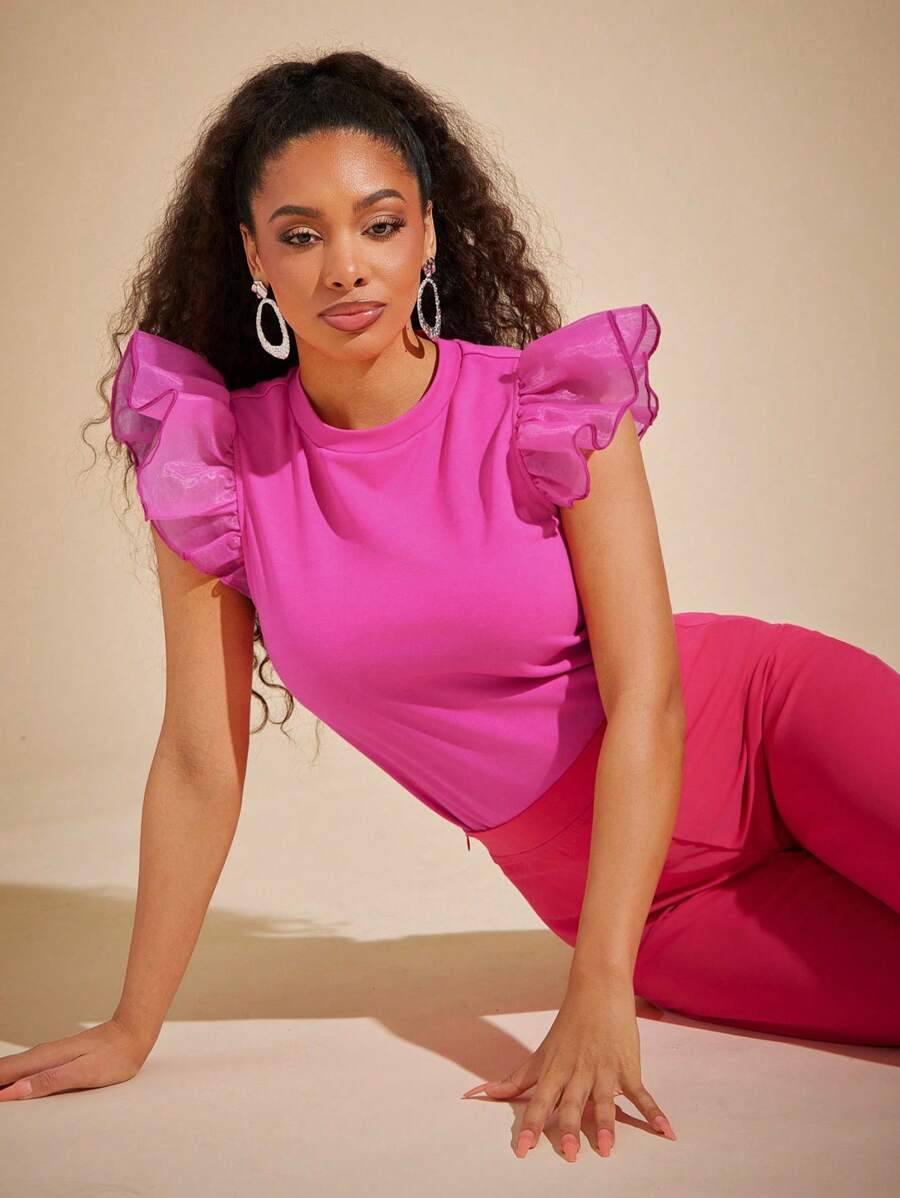 Vixey Top casual en jersey à manches volantées en organza, style bohème, brunch pour femmes, vacances, printemps, été, Pâques