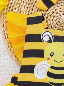 SHEIN 1 pieza Pelele de manga corta con estampado de abeja y cintura elástica para bebé niña, conjunto de uso diario holgado y cómodo con diadema, nuevo lanzamiento de verano