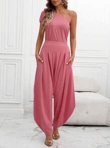 EMERY ROSE 2 pezzi Set da donna elegante e casual, top smanicato a spalla obliqua in maglia e pantaloni palazzo a vita alta con tasche