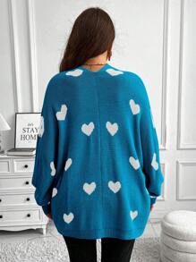Franclia Plus Size Heart Print Knitted Loose Cardigan, Casual & Cozy, For Thanksgiving, Winter Heart Sweatercute Cardiganwomen Cardiganscardigans Womanwoman Cardigan - Blue and White - View 2