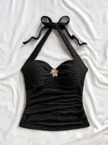 Soleia Urlaubs-Träger-Binde V-Ausschnitt Floral Metallschnalle Weiß Strick strukturiertes figurbetontes Trägertop, geeignet für Urlaub, Musikfestival, Boho, Feiertage, Dates, Nachmittagstee - Schwarz - Übersicht 8