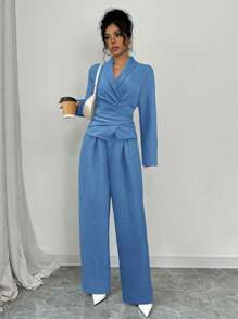 Firerie Women Regular Elegant Solid Color Long Sleeve Wrap Blouse And Pants Set, Suitable For Commute And Business, Spring/Summer/Fall - Blue - View 3