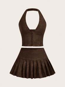 Aloruh Bộ 2 món/bộ đồ nữ áo crop top chữ V sâu gợi cảm bằng da PU giặt theo phong cách retro + chân váy mini xếp ly cạp siêu thấp, đa năng cho hoạt động ngoài trời, lễ hội âm nhạc - Cà phê nâu - Xem 7