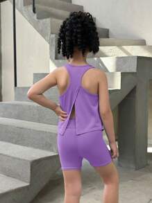 SHEIN 2pcs Young Girl Knitted Solid Color Fitted Tank Top And Shorts Sportswear Set