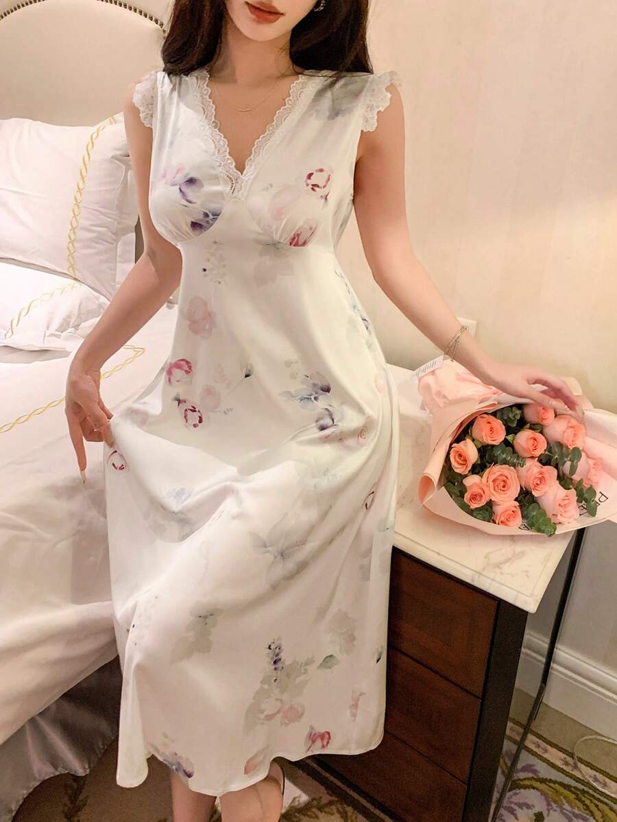 DAZY Romantic Tie Dye Floral Print Lace Trim Sleeveless V-Neck Ladies Nightgown Pajama - Beige - View 1