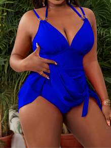 Slaydiva Plus Size Women's Pink Spaghetti Strap Ruched Open Back One-Piece Swimwear, For Beach Holiday, Summer
