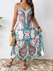 SHEIN PETITE Plus Size Women Short Stout Printed Strap Shift Dress, Spring/Summer - Multicolor - View 4