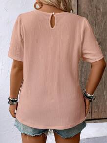 SHEIN LUNE Plus Size Summer Casual Plain Pleated Round Neck Short Sleeve Shirt - Pink - View 2