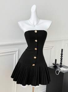 Comfortcana Vestido mini de mujer de verano con botones frontales, plisado en el bajo y bandeau de unicolor - Negro - Ver 3