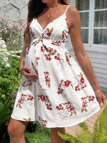 SHEIN Maternity Dress Spaghetti Strap V-Neck Drawstring Digital Print Short Dress - Multicolor - View 3