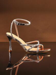 SHUZIA Women's Round Toe Rhinestone Multi Toe Straps High Heel Sandals - Rose Gold - View 4