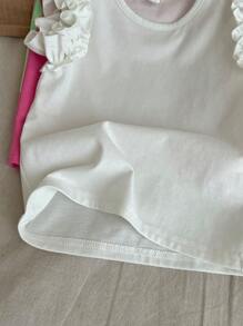 SHEIN LMoss Kids LMoss  4pcs/Set Young Girls' Knitted Solid Color Round Neck Ruffle Hem Fitted T-Shirts, School, Campus, College - Green - View 6