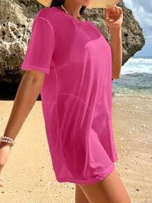 Swim Vcay Women's Solid Color Short Sleeve Round Neck Cover Up, Fashionable For Summer