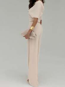 Aloruh New Simple Solid Apricot Color Pleated Decor Asymmetrical Shoulder Jumpsuit, Sexy High Waist Wide Leg Pants