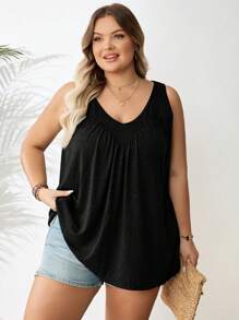 SHEIN CURVE+ Plus Size Women's Green V-Neck Loose Fit Cami Top - Black - View 7