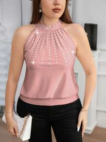 SHEIN Clasi Plus Size Women Rhinestone Decor Elegant Halter Neck Camisole - Pink - View 4