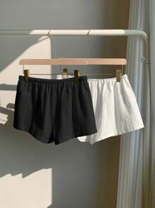 Comfortcana 2 件装女士新款亚麻条纹短裤 - 黑與白 - 查看 2