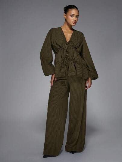 MISSGUIDED 细条纹阔腿套装两件套，带褶饰前系带长袖上衣和高腰裤，秋冬商务专业工作服