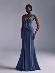 优雅浪漫 V 领无袖针织连衣裙，配有金属扣装饰、收腰和鱼尾下摆，适合伴娘 - 霧霾藍 - 查看 6