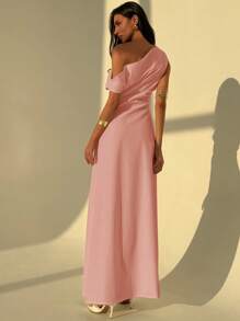 Aloruh 优雅不对称肩部褶皱腰部修身纯色长款 A 字裙，休闲通勤连衣裙 - 淺粉色 - 查看 2