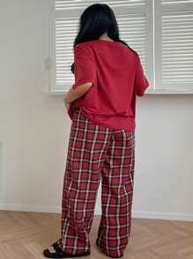 Dazy Plus Plus Size Round Neck Loose Plaid Pajama Set, Includes Top And Pants, Outfits - Red - View 2