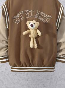 SHEIN Tween Boy Bear Decor Two Tone Thermal Lined Varsity Jacket Without Tee - Camel - View 5