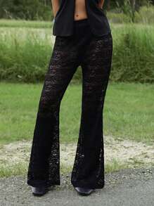 Roylia Women's Summer Music Festival Semi-Sheer Fitted Flare Pants, Vacation Casual Trousers Fall Cloth For Women - Black - View 4