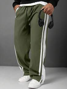 Manfinity Homme Pantalones rectos con rayas laterales, bolsillos y cintura con cordón para tallas grandes