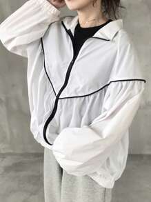 FRIFUL Women's Green Loose Design Bomber Jacket, Spring - White - View 1