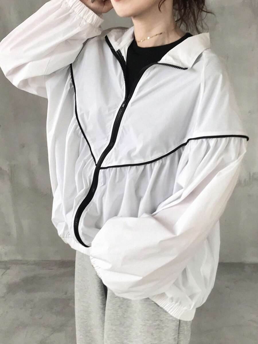 FRIFUL Women's Green Loose Design Bomber Jacket, Spring - White - View 1