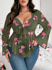 Calvaya 大码女式情人节花朵印花系带长袖修身休闲 T 恤