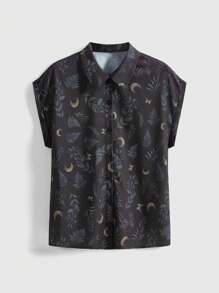 ROMWE Goth Camisa informal de mujer con estampado completo de luna y planta con estilo gótico