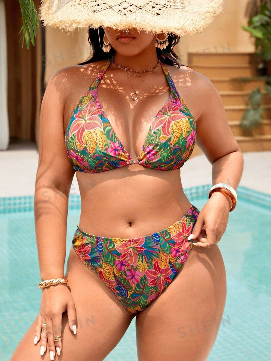 Swim Vcay Conjunto de bikini de escote halter con estampado de plantas tropicales para mujer de talla grande, casual para vacaciones